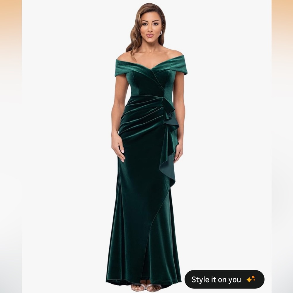 Xscape Off-Shoulder Dark Green Velvet Maxi Dress